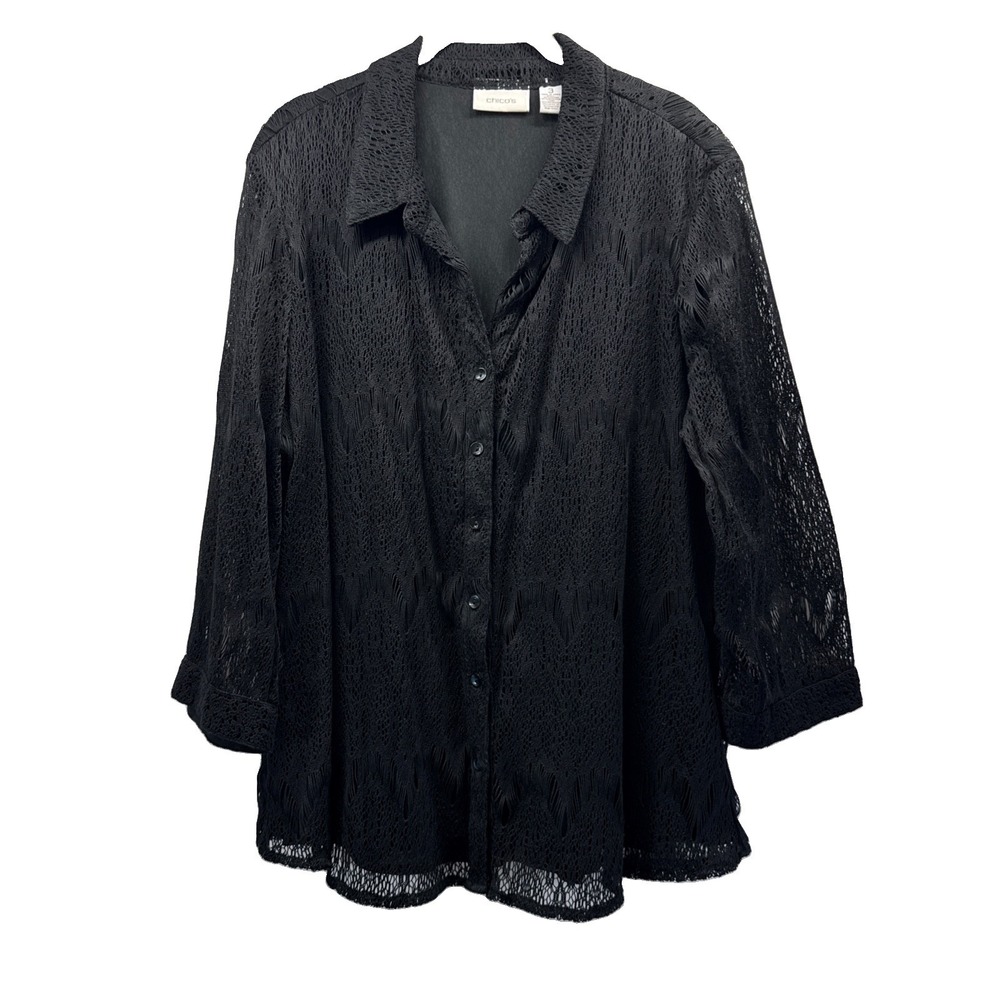 Chicos Women's Top Sz XL Solid Black Lace 3/4 Sleeves Lined Button Up Whimsigoth